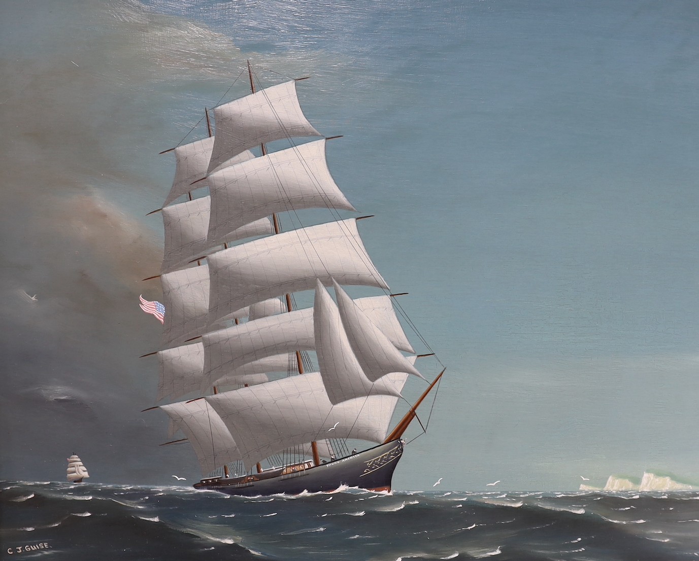 Christophe J. Guise (American, 20thC), oil on board, The United States Clipper Young America off Dover, signed, 29 x 37cm
